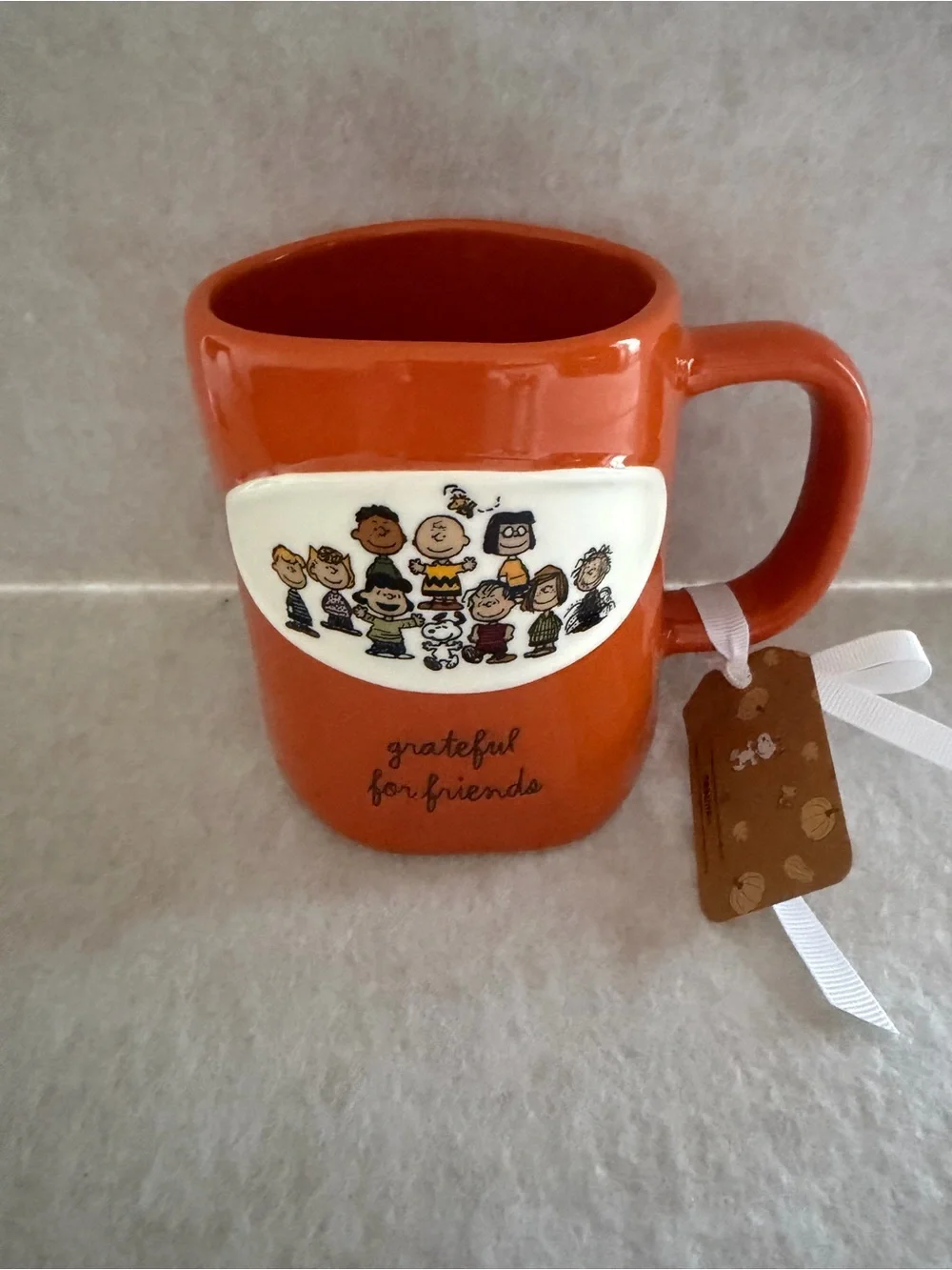 Rae Dunn Orange Peanuts 'Grateful for Friends' Ceramic Mug with Character Panel